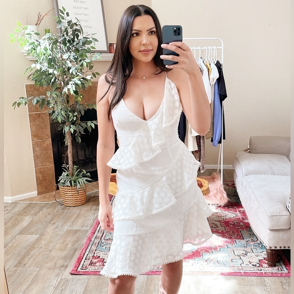 Keepsake the Label White See You Now Polka Dot Ruffle Dress